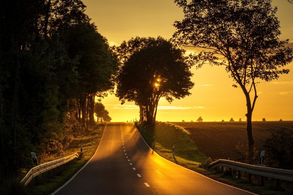 road, sunset, backlighting